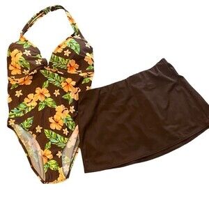 Vintage EUC one piece swimsuit tropical print & skirt coverup, underwire, sz 8